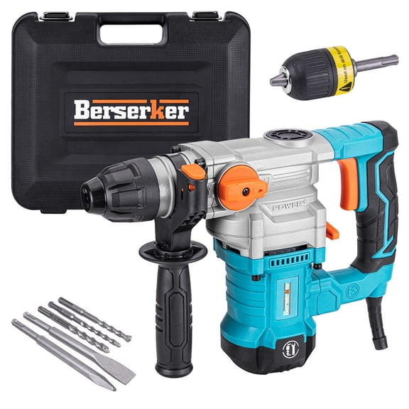 SDS Plus Rotary Hammer Drill with Safety Clutch, 3-Function Corded Rotary Hammer for Concrete - Includes Drill Chuck, 3 Drill Bits, Flat Chisel, Point Chisel, Carrying Case, Ergonomically Designed.