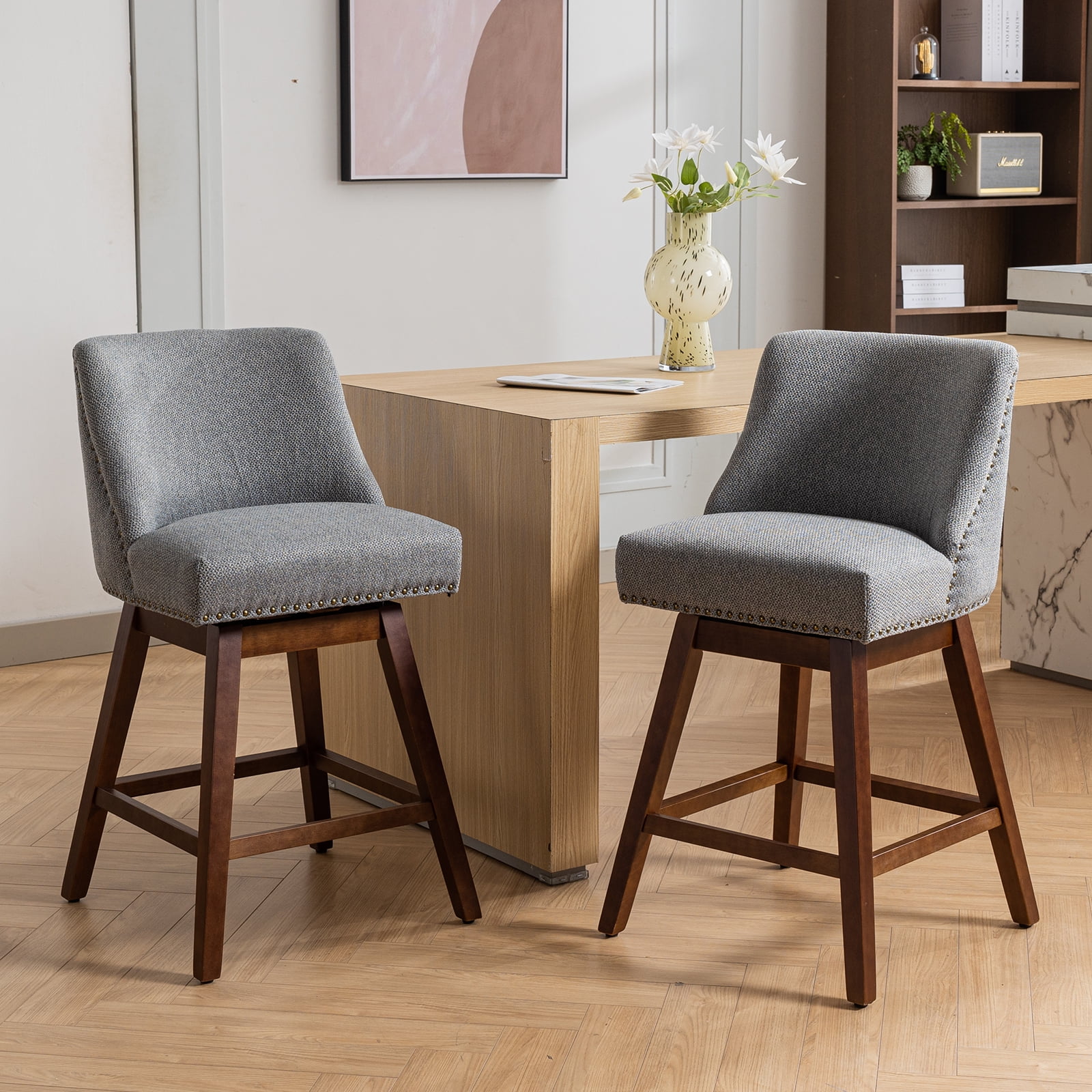 Modern Swivel Bar Stools Set of 6, Grey Counter Height Bar Stools with Back for Kitchen Island, Fabric Upholstered Island Chairs with Wood Legs, Barstool Chairs, Sillas para Barra de Cocina