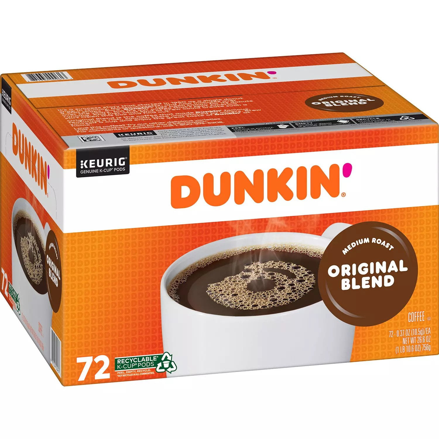 Dunkin' Kosher Orginal Blend Medium Roast, Keurig Coffee Pods, 72 Ct