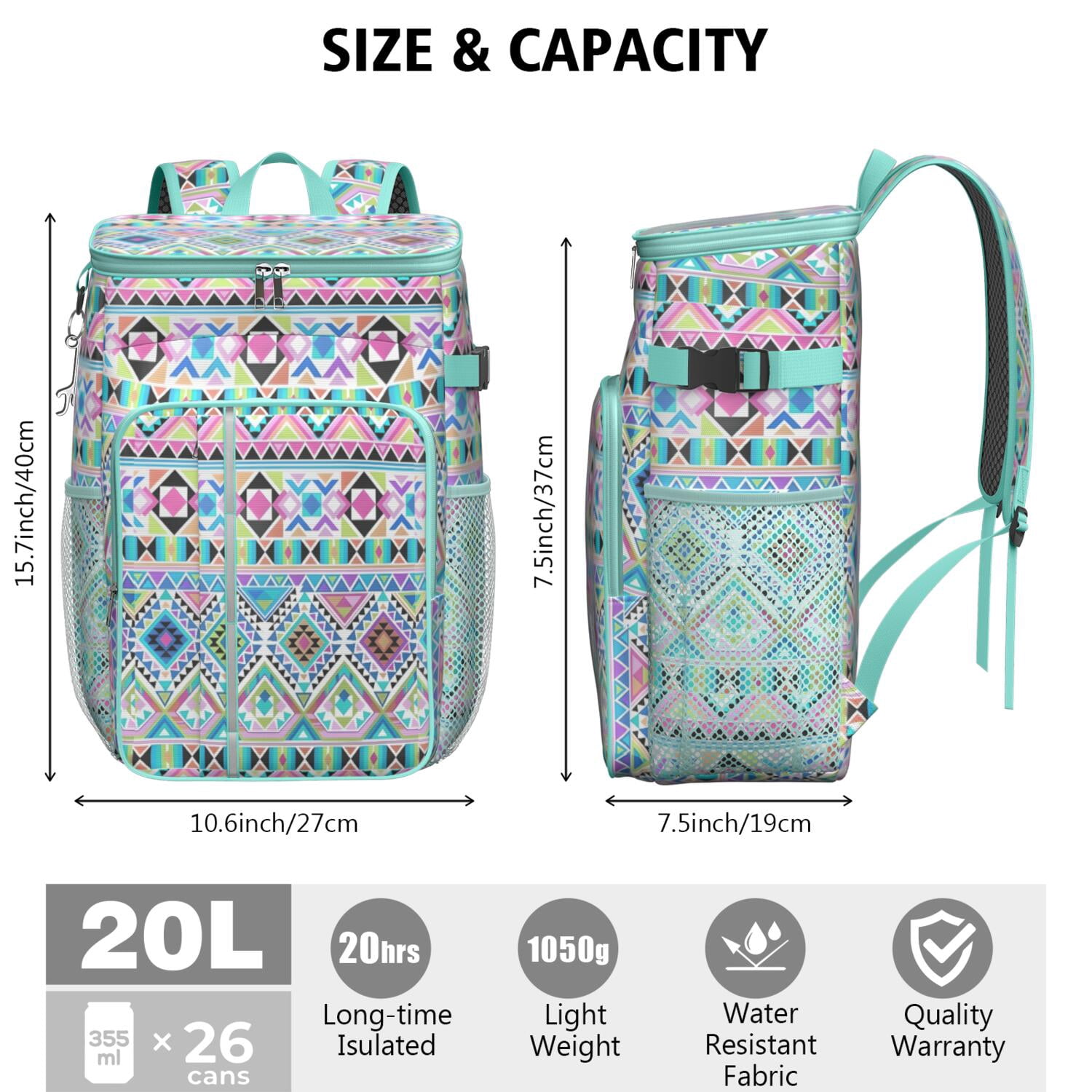 Travel Cooler Bag - Boho Bohemia Pioneer Flower Geometric Line Art Camping Beer Cooler Backpack with Bottle Opener- Waterproof Insulated Picnic Backpacks - Cooler Bag for Beach