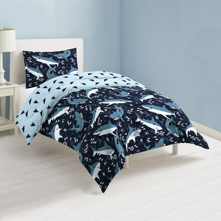 Dream Factory Sharks Ensemble de Literie pour Garçons Taille Simple Ensemble de Douillette en Coton pour Enfants avec Sham 2 Pcs Simple Bleu Marine