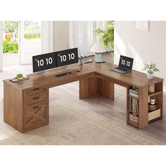 SEDETA 67" Farmhouse L Shaped Desk with 3 Drawers, Executive Home Office Desks with Storage Shelves, Corner Computer Desk with Power Outlets for Home Office, Brown