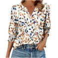 thumbnail image 2 of HOMBOM Blue Women T Shirts Fall 3/4 Sleeve V-Neck Vacation Puff Sleeve New arrivals Leaf Shirt, 2 of 6