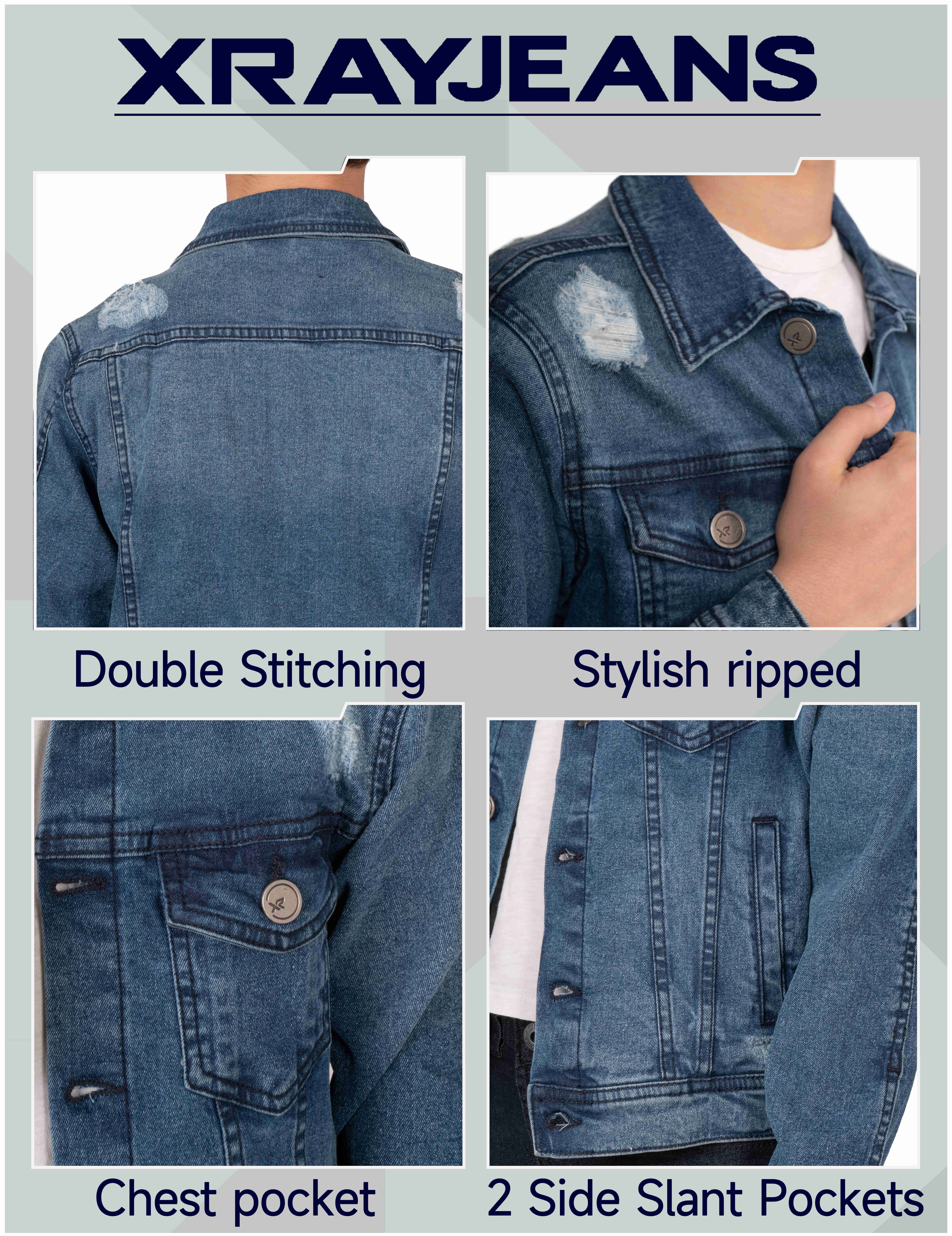 X RAY Boys Denim Jacket Washed Casual Fall Outerwear Trucker Jean Jacket, Medium Blue - Ripped, Size 18-20