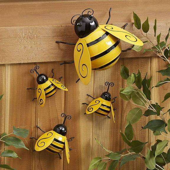 Metal Wall Art, 4PCS Metal Bumble Bee Wall Decor, 3D Iron Bee Art Sculpture Hanging Wall Decorations for Outdoor Home Garden Yellow Yellow