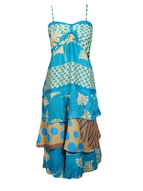 Mogul Women Beach Strap Dress, Blue Beige Printed Summer Dresses, Layered Spaghetti Strap Boho chic, Recycled Silk Printed Sundress SM