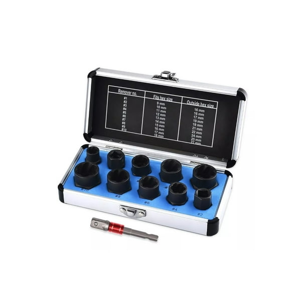 Juego De 11 Piezas De Extractor De Tornillos De Tuerca Dañada Azul Con Negro Malubero Extractor De Tornillos