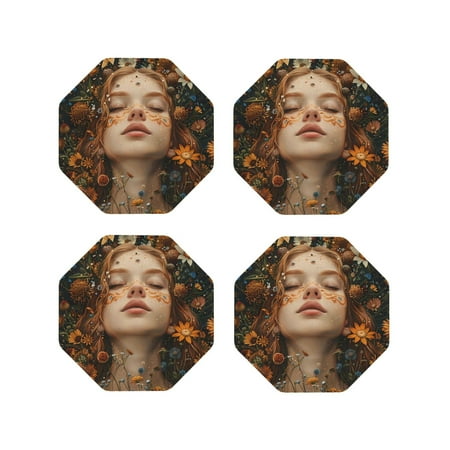 

Lukts Whimsical Flower Crown Maiden Print Leather Drinks Coasters Set of 4 Suitable or Drinks Furniture Protection and Easy Clean up-Octagon