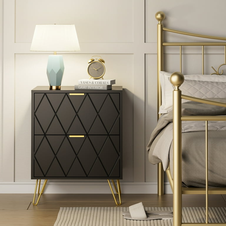 Eclife Black Nightstand End Table 2 Drawers Dressers Modern Mid Century Accent Bedside Tables Stand Wood with Gold Handle Legs for Adult Makeup