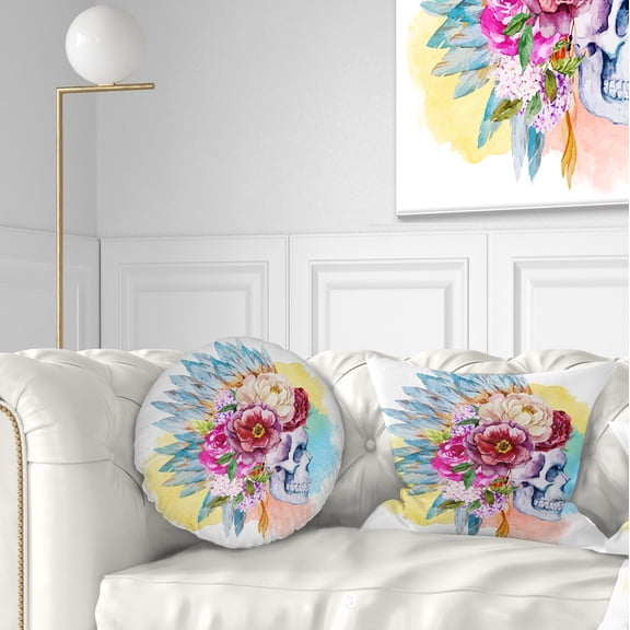 Designart Skull and Flowers - Floral Throw Pillow - 12x20