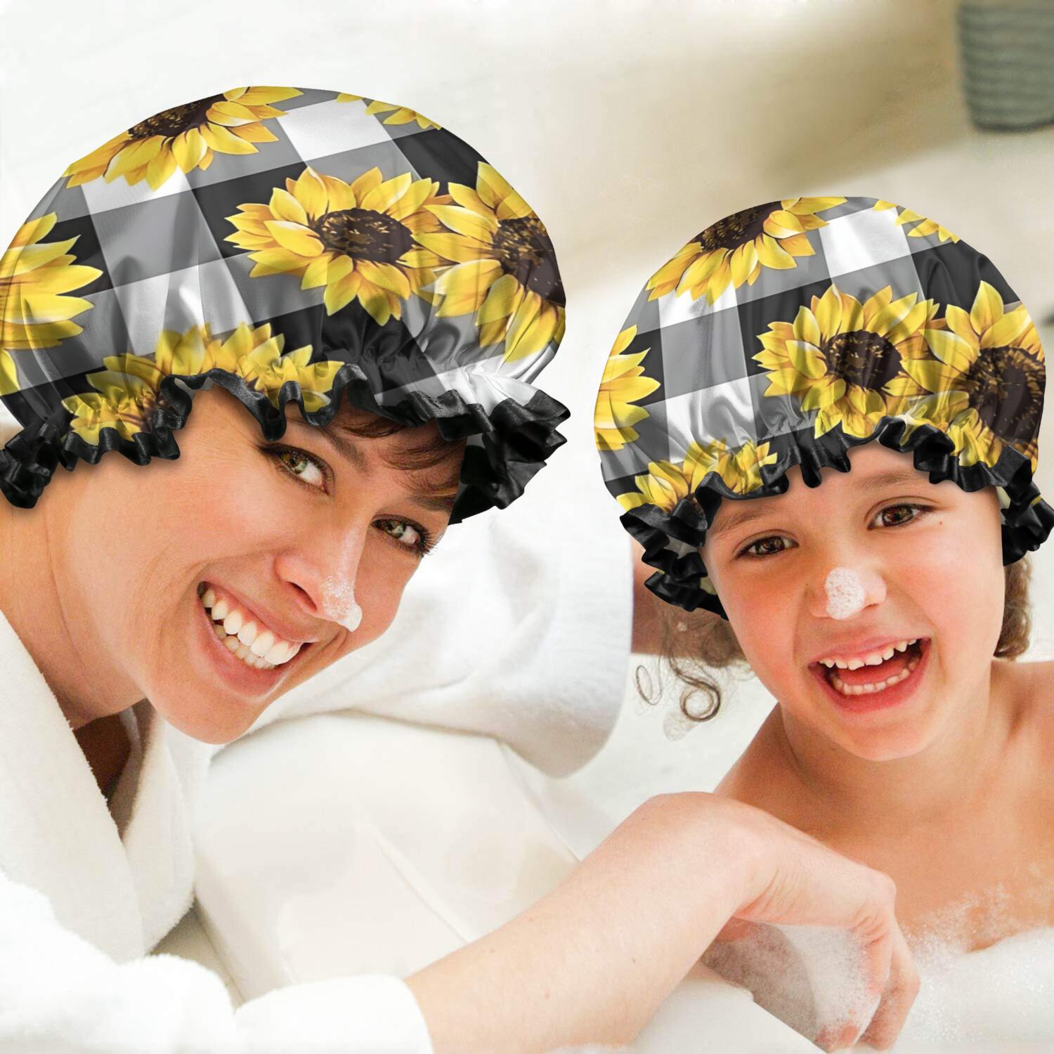 Shower Caps,Black White Gray Checker Sunflower Pattern Waterproof Shower Cap for Women 4 Pieces,Double Reusable Hair Cover for Shower PEVA Elastic Stretch Hem