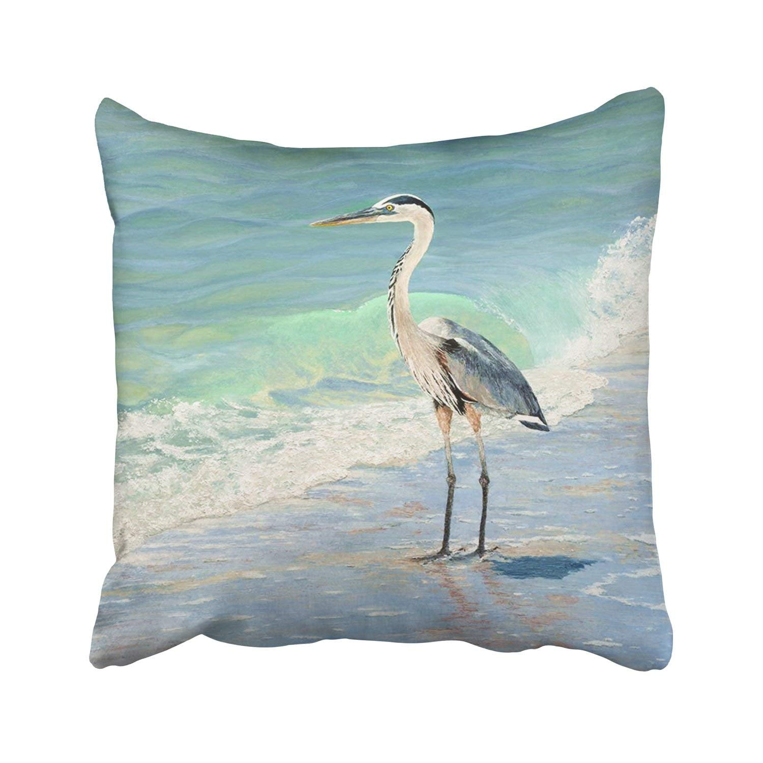 ARTJIA Accrocn Throw Pillow Cover 16x16 Inches Blue Heron On The Beach Sea Wave Watercolor