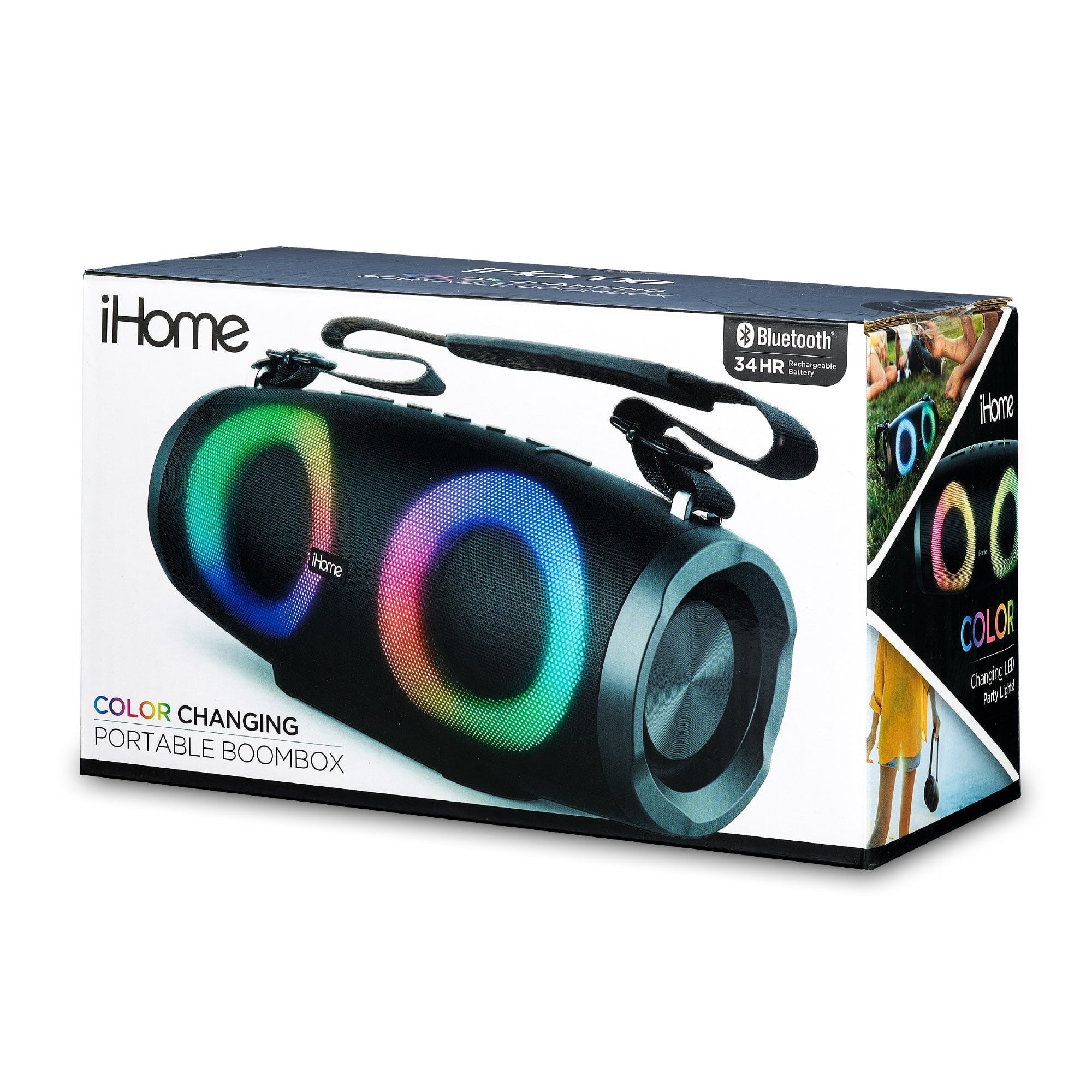 iHome Bluetooth Speaker Boombox, Portable Speaker with FM Radio and Color Changing Lights