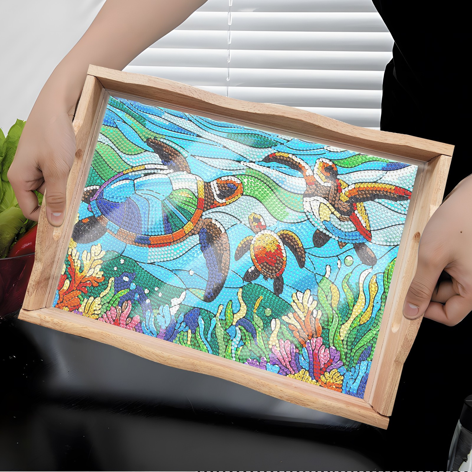 FLOPESN DIY Sea Turtles Dot Diamond Painting Tray, 11.81*7.87 inch, Creative Design Handmade Wooden Tray Dinner Plate diamond art kit