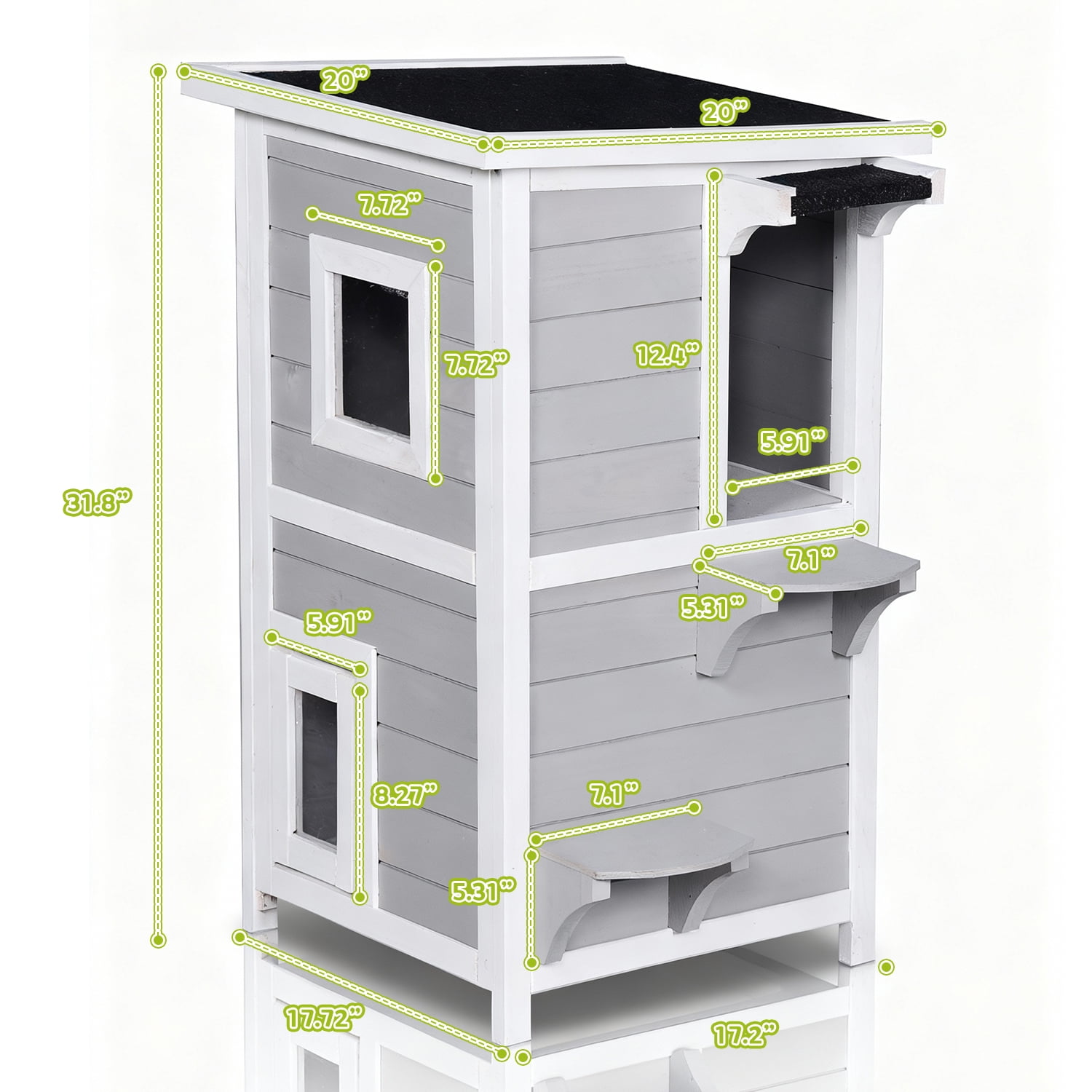 Outdoor Cat House 2-Story with Escape Door, Feral Cat Shelter Weatherproof for Outside, Openable Waterproof Roof, Large Window, 2 Platforms, Wooden Cat Enclosure for Pets 31.80" (Grey)