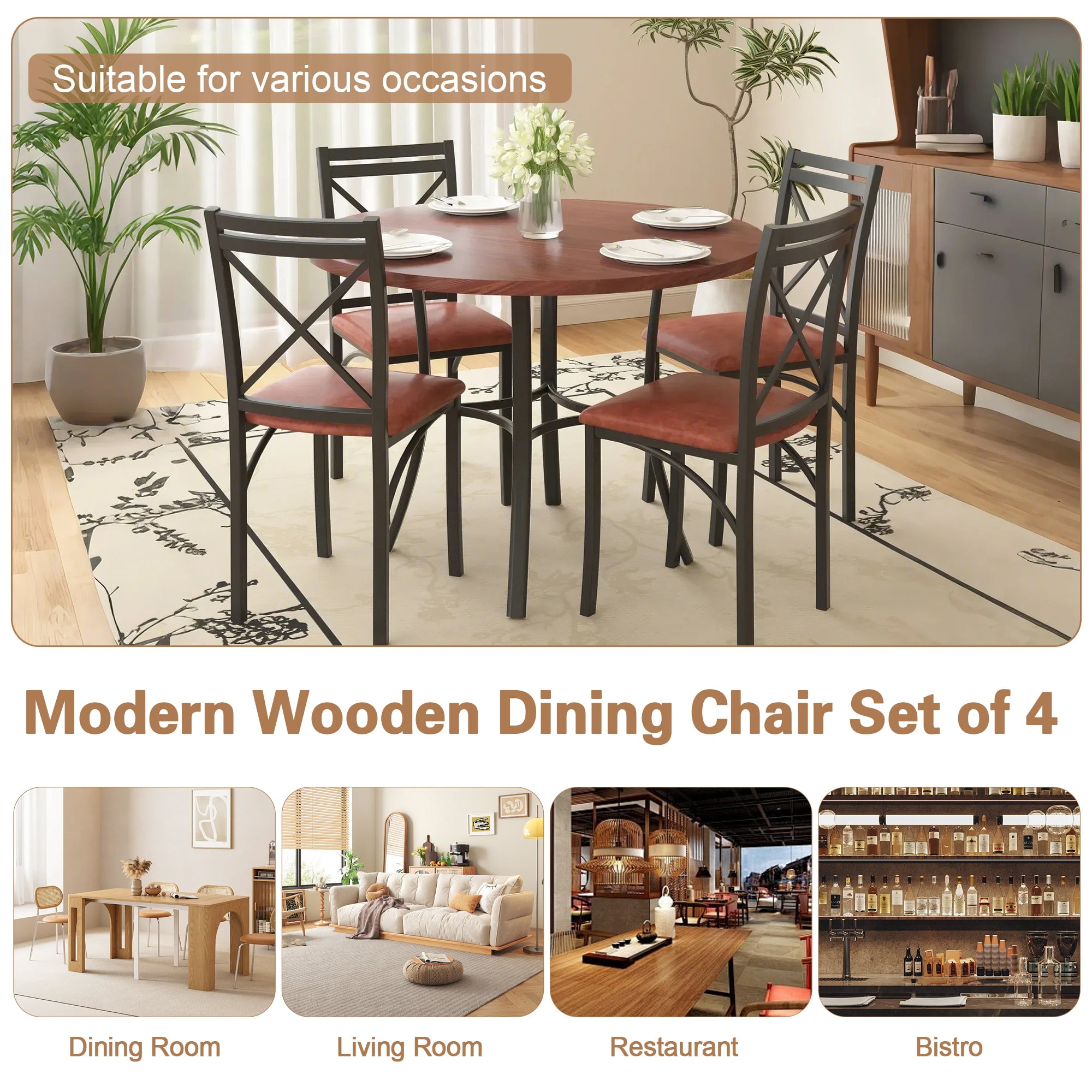 VECELO Dining Chair Set of 4, Modern Kitchen Upholstered Chairs with Backrest, Metal Legs and PU Leather Seat Set for Living Room Restaurant, Brown