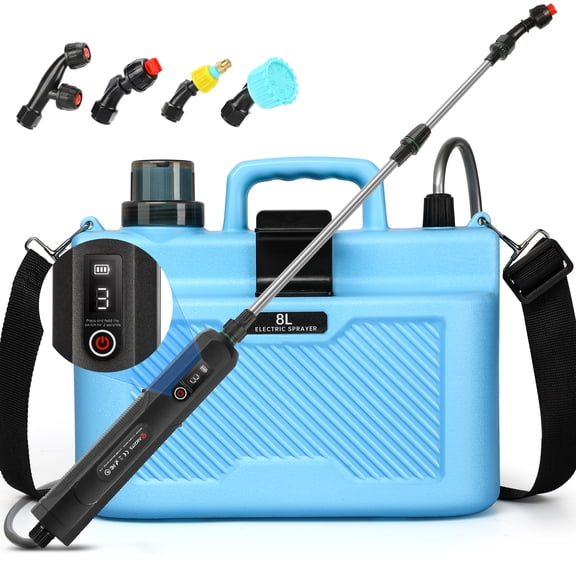 Battery Powered Sprayer 2 Gallon, Powerful Electric Garden Sprayer, Rechargeable Weed Yard Lawn Sprayers with 4 Mist Nozzles, Retractable Wand, Adjustable Shoulder Strap