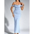 thumbnail image 4 of Off the Shoulder Maxi Long Dress Corset Ruched Bodycon Formal Wedding Guest Dresses for Women Blue XL, 4 of 8