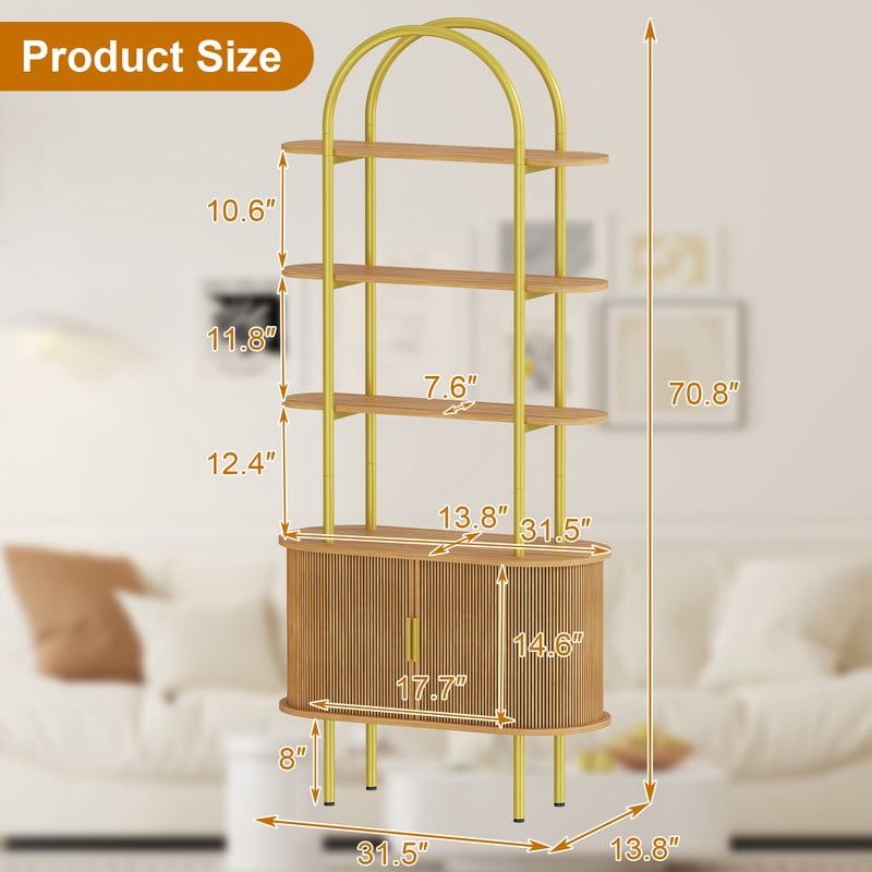 71" Tall Fluted Arched Bookshelf with Sliding Doors, Mid Century Modern Metal Curved Bookshelf Cabinet with Storage and Adjustable Footpad, 4-Tier Open Display Storage Shelf for Home, Living Room