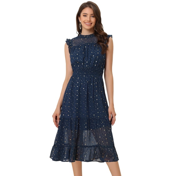 Vestido casual de gasa para mujer, sin mangas, cintura ahumada, dorado, estrellas metálicas, vestidos de fiesta Azul oscuro M