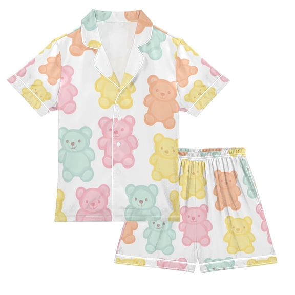 FORMRS Kids Satin Short Sleeve Pajama Set Unisex Top and Pants Soft 2-Piece Sleepwear, Sizes 5-6Y, Cute Gummy Bears Pattern