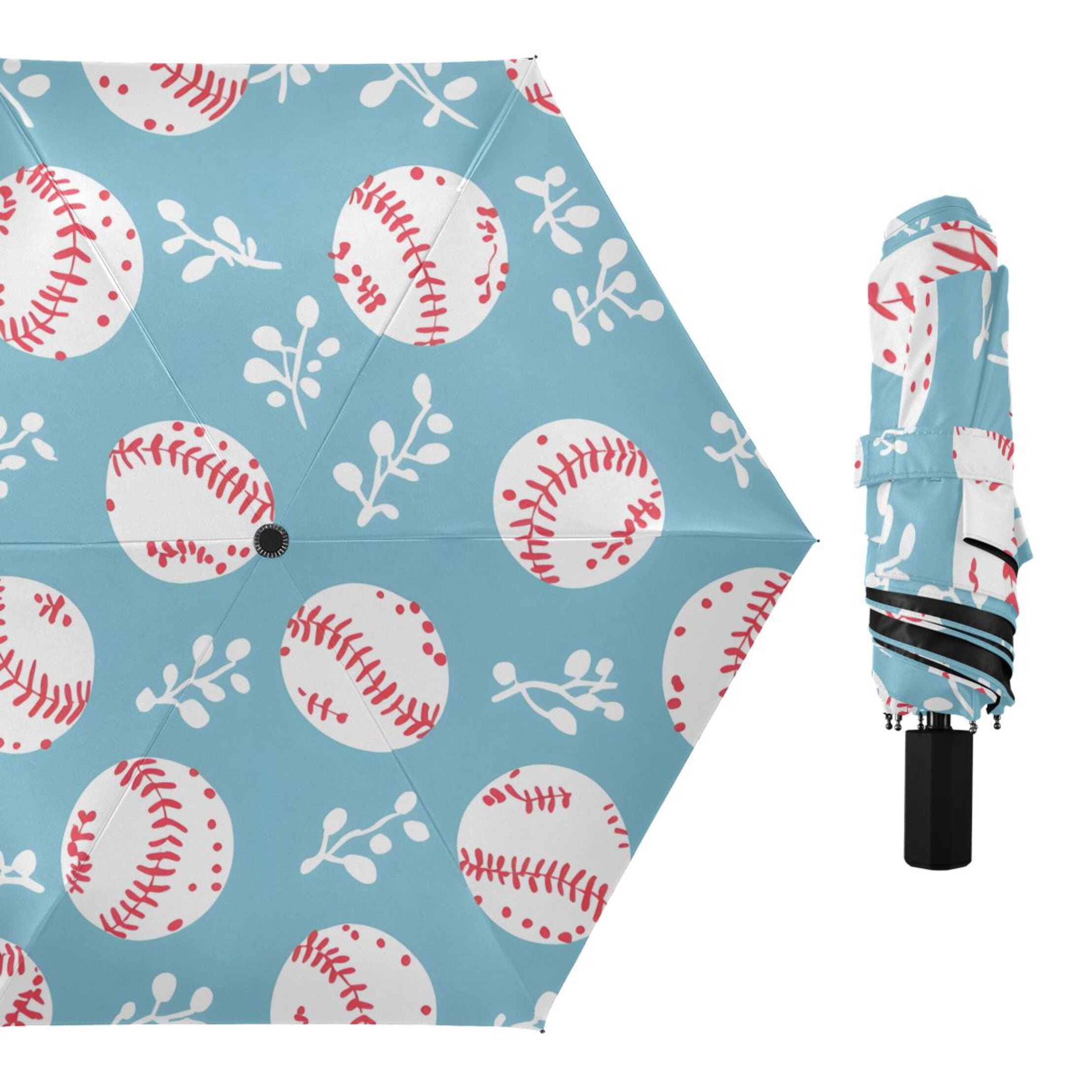 ALAZA Baseball Cute Leaf UPF 50+ Compact Folding Umbrella for Rain Travel Umbrella Packable