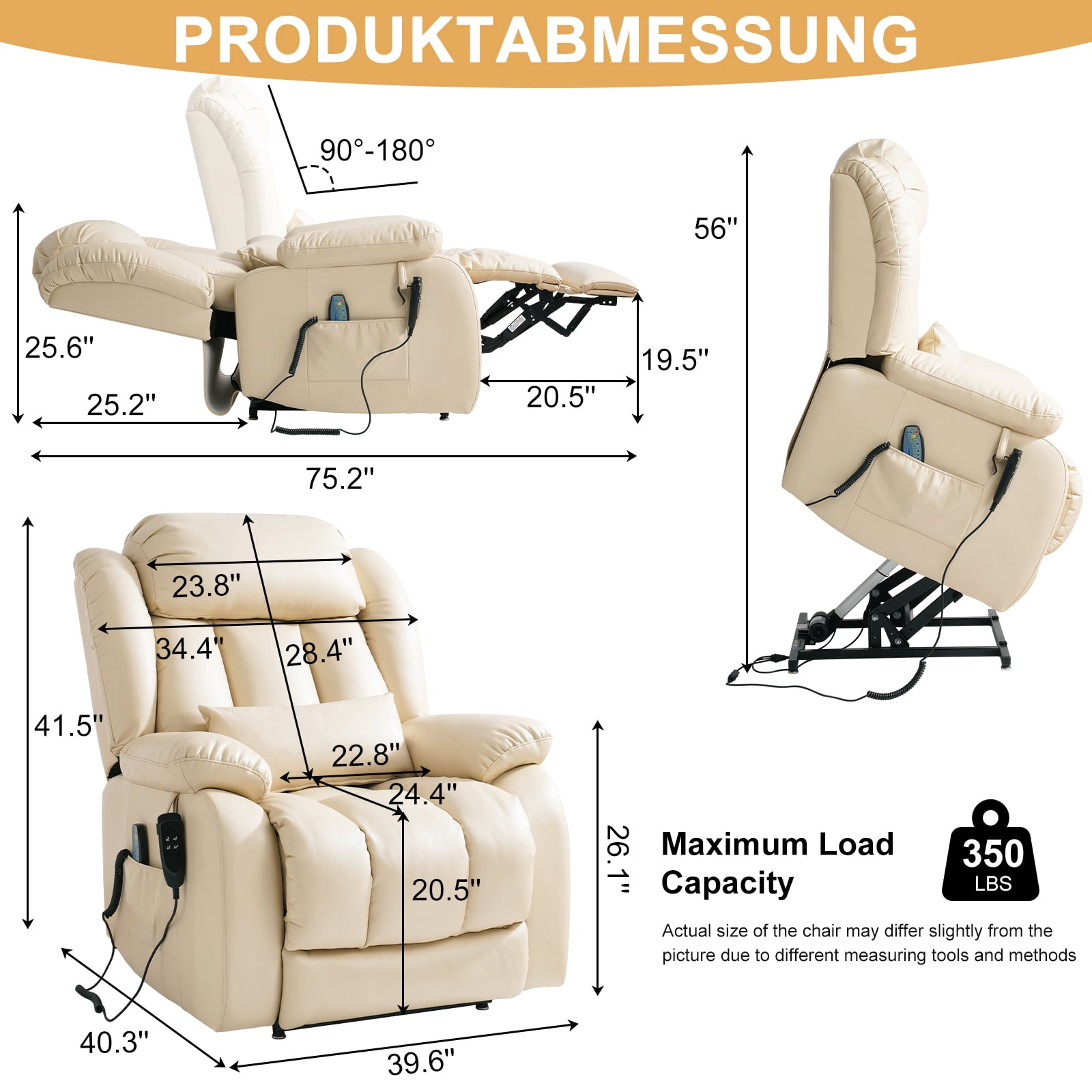 INGALIK Power Lift Recliner Chair Dual Motor, Infinite Position Lay Flat Recliners for Adult & Elderly with Heat & Massage, Large, Type-C Charge, Lumbar Pillow for Living Room, Leather (Beige)