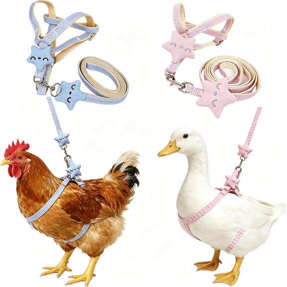 GASTROPOD 2Pc Adjustable Chicken Harness and Leash Set,Comfortable Duck Harness and Leash for Real Ducks, Easy to Wear Chicken Vest,Goose Traction Rope with Cute Stars(Blue,Pink)