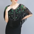 thumbnail image 3 of Eoperou Women 1920s Sequined Shawl Tassels Beaded Faux Pearl Fringe Solid Color Sheer Mesh Wrap Cape Cover Up V Neck See-through Cape, 3 of 8