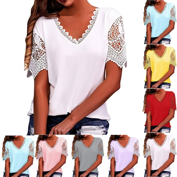 Fesfesfes Women Plus Size Shirts Women Casual Solid Short Sleeve V-Neck Lace Fashion Pullover Blouse T-shirt Tops Womens V Neck T Shirts 4XL(US:16)