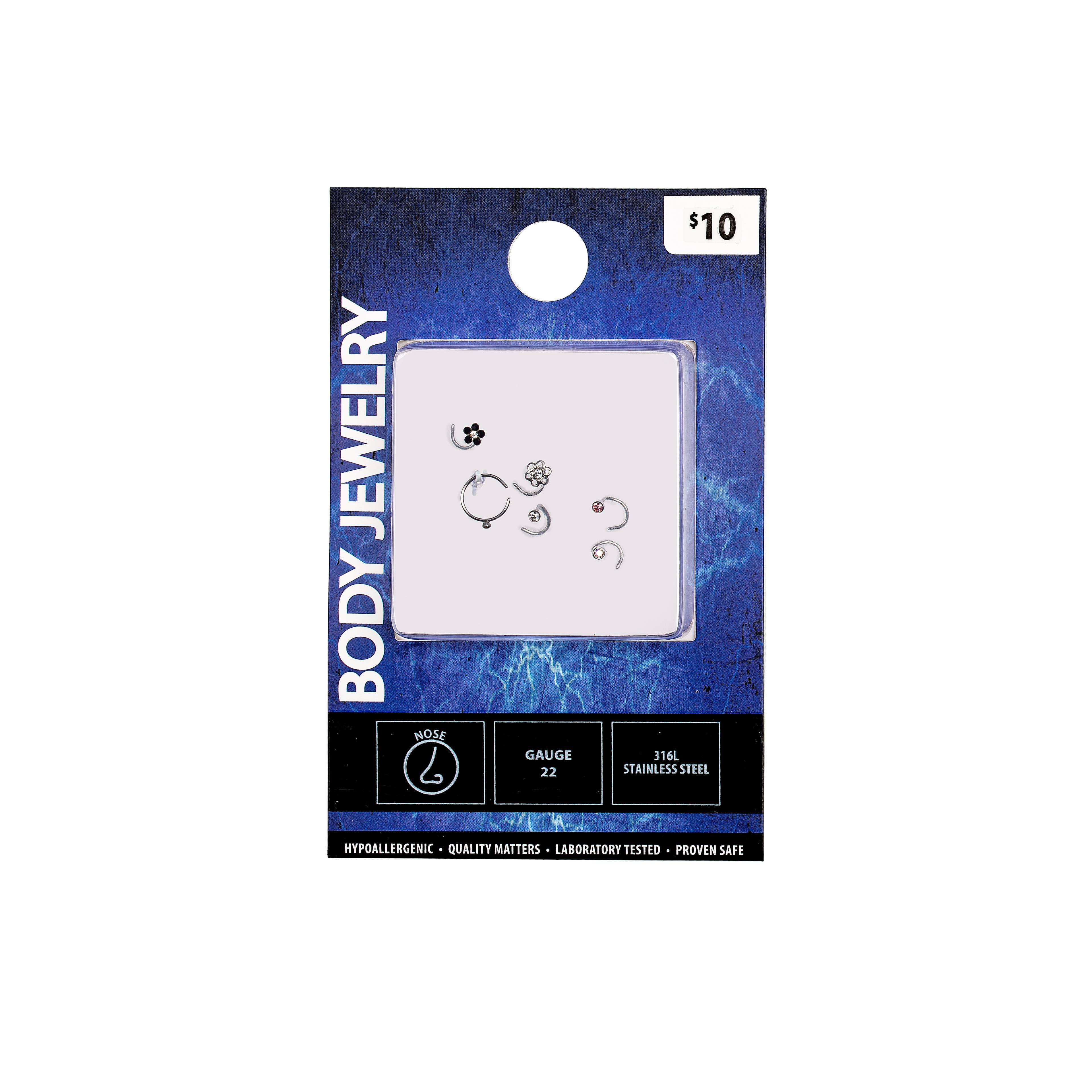 Body Jewlery Sterling Silver 22G Multi Shape Crystal Stud Nose Rings, 6 Pack