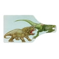 thumbnail image 2 of Dinosaur Cutting Board, T Rex Versus Triceratops Scaring Each Other Wild Reptiles Dinosaur, Decorative Tempered Glass Cutting and Serving Board, Wine Bottle Shape, Green Pink Pale Brown, by Ambesonne, 2 of 5