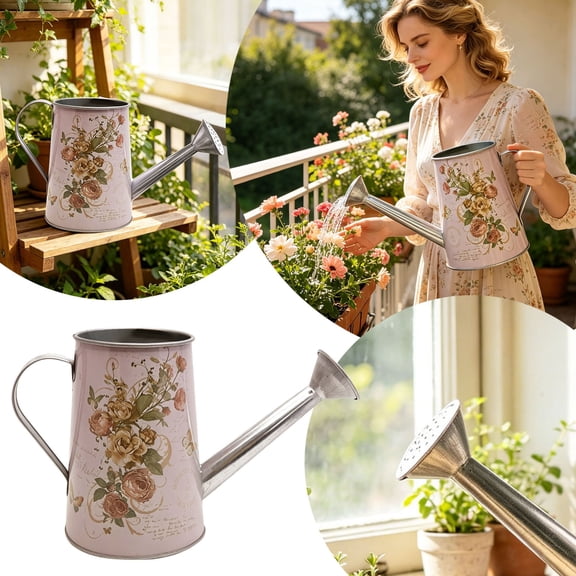 Vintage Floral Metal Watering Can, Decorative Galvanized Steel Watering Pot with Detachable Rose Head Spout, 7" Tall Indoor Outdoor Garden Watering Can