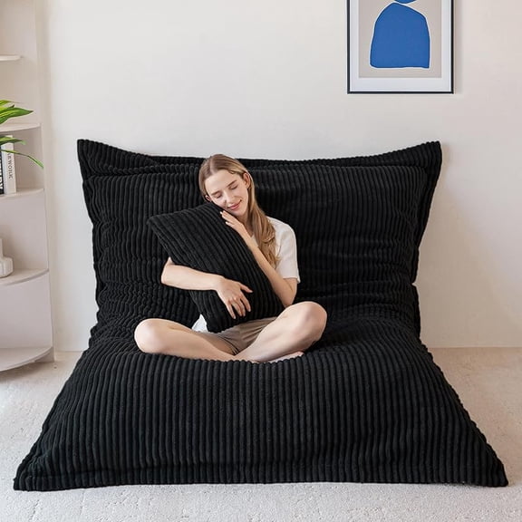 Giant Bean Bag Chair with Pillow, 3 in 1 Convertible Bean Bag Chair for Adults with Removable Cover, Floor Cushion Stuffed Floor Lounger for Living Room Bedroom, Corded Black
