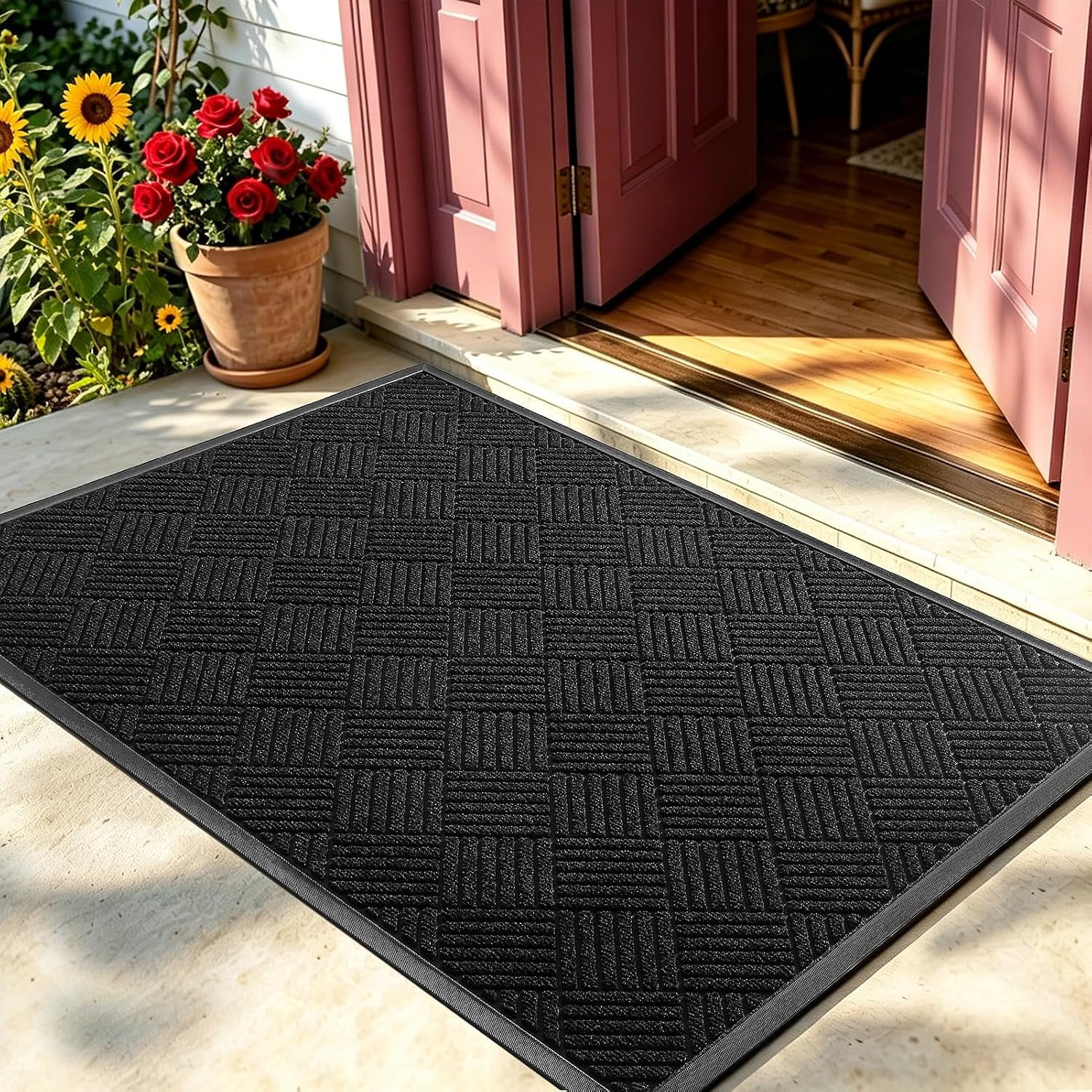 Front Door Mat Heavy Duty Non-Slip Doormat 61.5 x36 Black | Dirt Trapper Absorbent Low Profile Welcome Mat Indoor/Outdoor Entryway Stain & Fade Resistant Rubber Backing Easy Clean