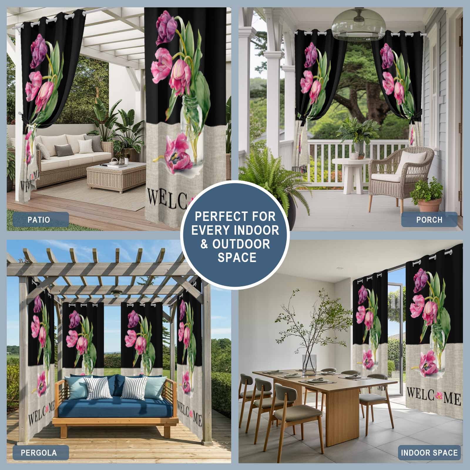Welcome Outdoor Curtains for Patio, Country Watercolor Pink Purple Floral Vase Black Linen Sunshade Privacy Drapes Grommet Waterproof Outside Curtains for Porch/Cabana/Balcony 54"x 108", 1 Panel