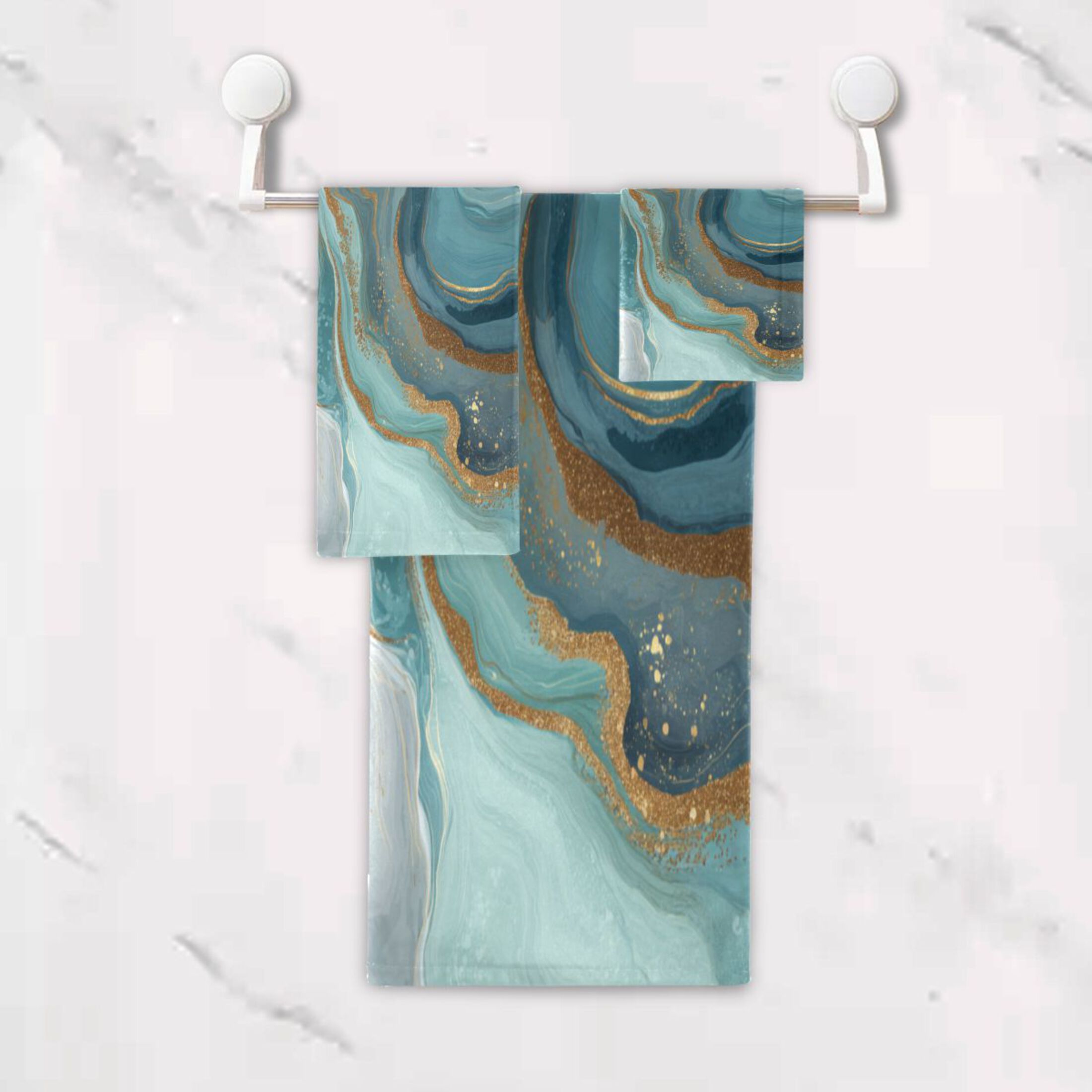 3 Sizes of Towel Sets Including Bath Towel Hand Towel and Washcloth for Daily Use Blue Marbling