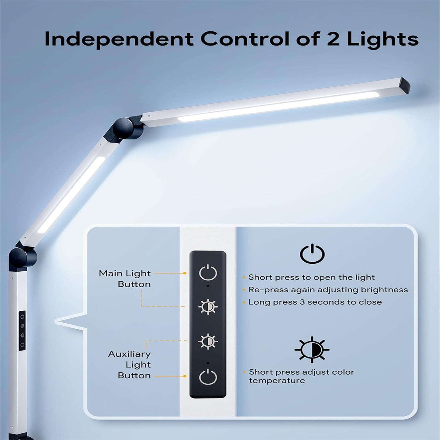 LED Desk Lamp with Clamp, Dual Light Desk Lamp with Swing Arm, Dimmable 4 Color Modes & 4 Brightness Table Lamp, Eye-Caring Clip-on Lamp with Memory Function for Home Office, White