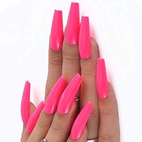 Outyua 100Pcs Extra Long Fake Nails Coffin Pink Glossy Press on Nail Acrylic Ballerina Artificial False Nails Arts for Women and Grils (Pink)