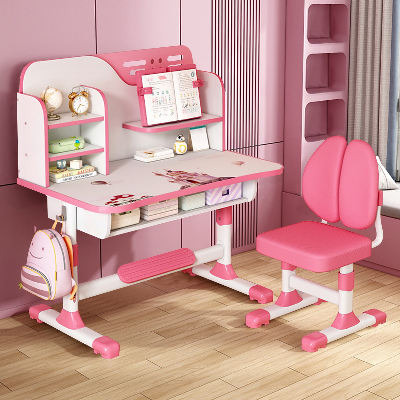 Thehsnt Premium Kids Study Desk & Chair Set, Height Adjustable Children School Study Table Chair Set with Large Writing Board, Bookshelf and Drawer