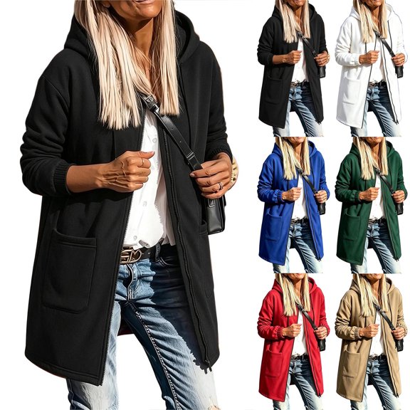 Ashyfjp Drawstring Hood Full Zip Long Hooded Outer Jackets for Women Casual Solid Tone Elastic Cuffs Side Patch Pockets Comfortable Outdoor Streetwear Layering Tops, Size (S-XXL)