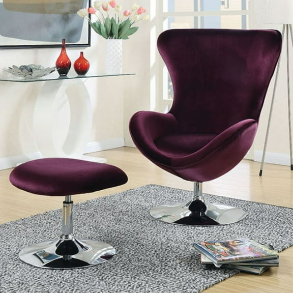 Fabric Curved Design Chair with Ottoman and Tubular Base Set of 2 Purple - Saltoro Sherpi