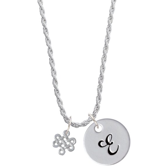 Delight Jewelry Silvertone Mini Open Infinity Knot Silvertone Script Initial Disc - E - Charm Necklace, 20"+3"