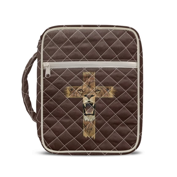 XYZCANDO Lion Bible Cover Case for Women Cross Quilted Bible Carrying Book Case with Handle Fashion Quilted Bible Cover Cases with Zipper Pocket for Bible Study Supplies