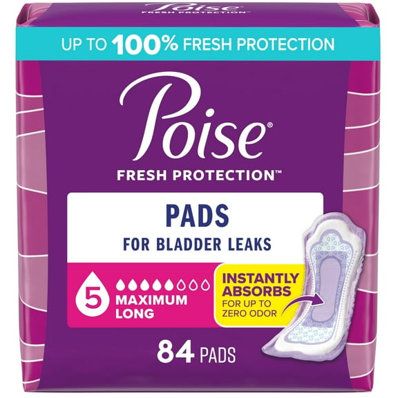 Poise Incontinence & Postpartum Pads for Bladder Leaks, 5 Drop Maximum Absorbency, Maximum Long, 84 Count, Packaging May Vary