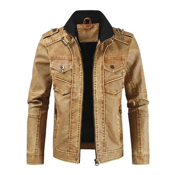 IROINNID Men's Long Sleeve Faux Leather Stand Collar Short Jacket Solid Color Leisure Thick Coat Stand Collar Pocket Leather Coat Warm Windproof Coat