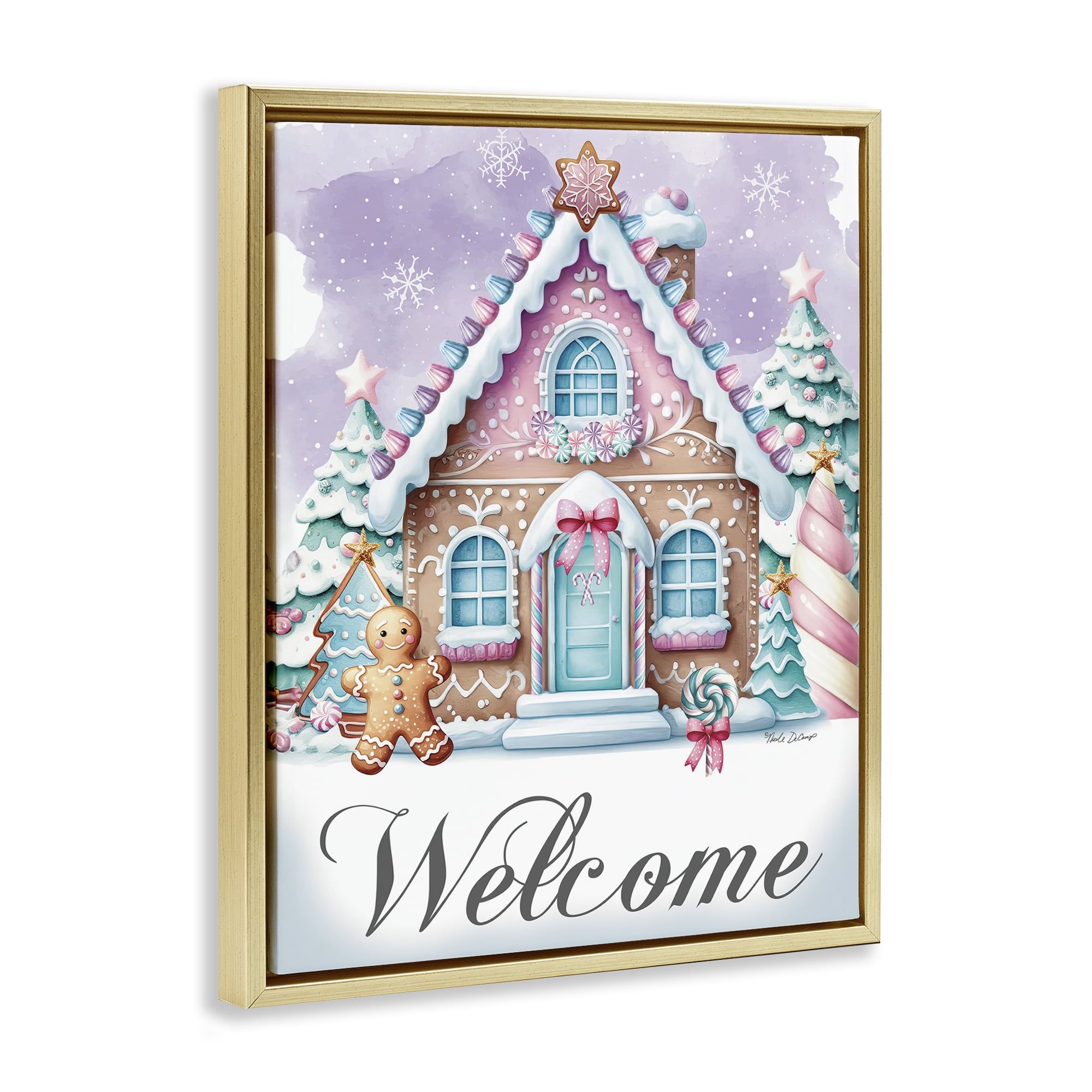 Stupell Industries Welcome Gingerbread House Holiday Painting Gold Floater Framed Art Print Wall Art, 25 x 31