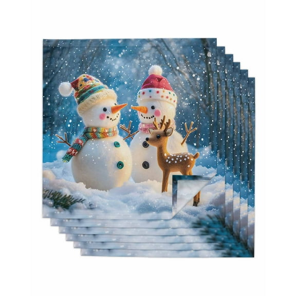 Blue Snowman Christmas Cloth Napkins Set of 6, Xmas Elk Snowflake Washable Reusable Dinner Cocktail Napkin for Kitchen Party Wedding Banquet Holiday Baby Shower Table Decor