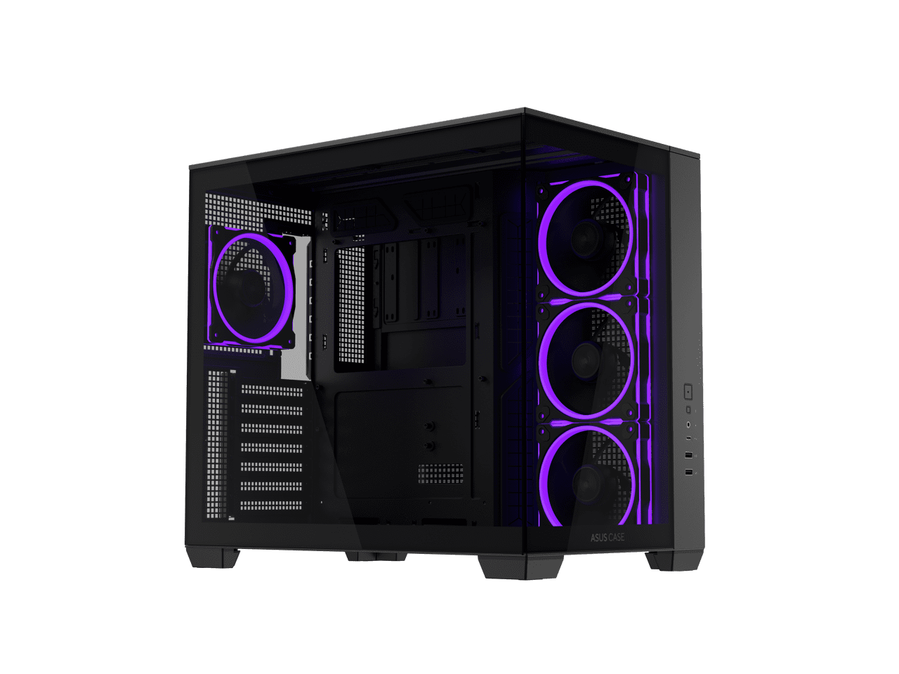 ASUS A32 PLUS Black ATX gaming PC case, support 360mm radiators and 420mm graphics cards, dual-chamber chassis for independent cooling zones, four pre-installed ARGB fans and clean cable management