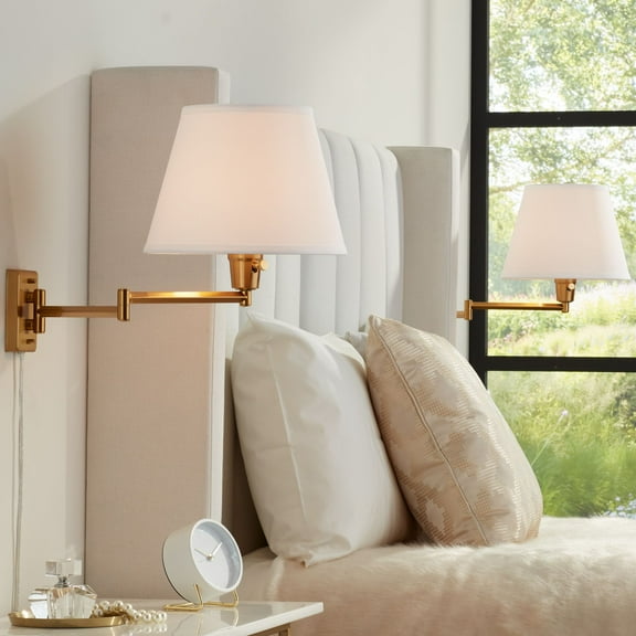 360 Lighting Clement Modern Swing Arm Wall Lamps Set of 2 Warm Gold Plug-in Light Fixture White Linen Shade for Bedroom Bedside Living Room Reading